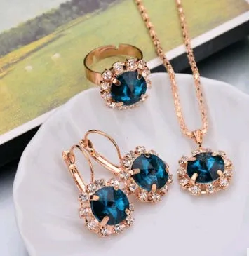 Water drop colour diamond jewellery set with alloy and artificial crystal necklace earrings rings for bridal wear