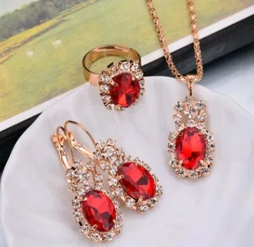 Water drop colour diamond jewellery set with alloy and artificial crystal necklace earrings rings for bridal wear