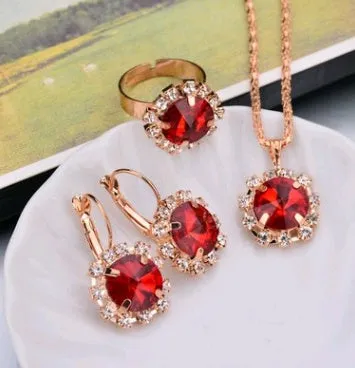 Water drop colour diamond jewellery set with alloy and artificial crystal necklace earrings rings for bridal wear