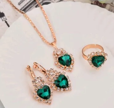 Water drop colour diamond jewellery set with alloy and artificial crystal necklace earrings rings for bridal wear