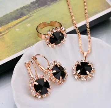 Water drop colour diamond jewellery set with alloy and artificial crystal necklace earrings rings for bridal wear