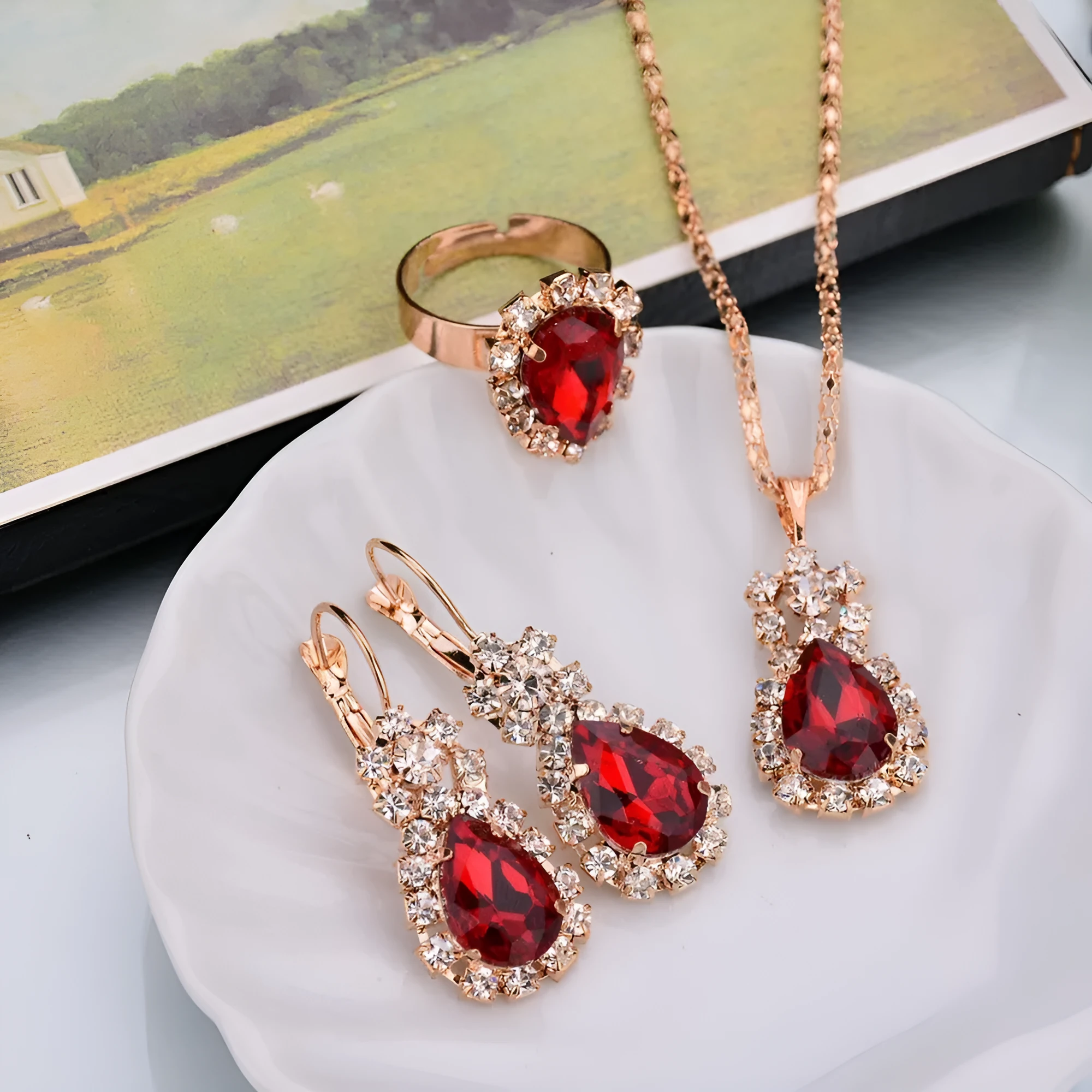Water drop colour diamond jewellery set with alloy and artificial crystal necklace earrings rings for bridal wear