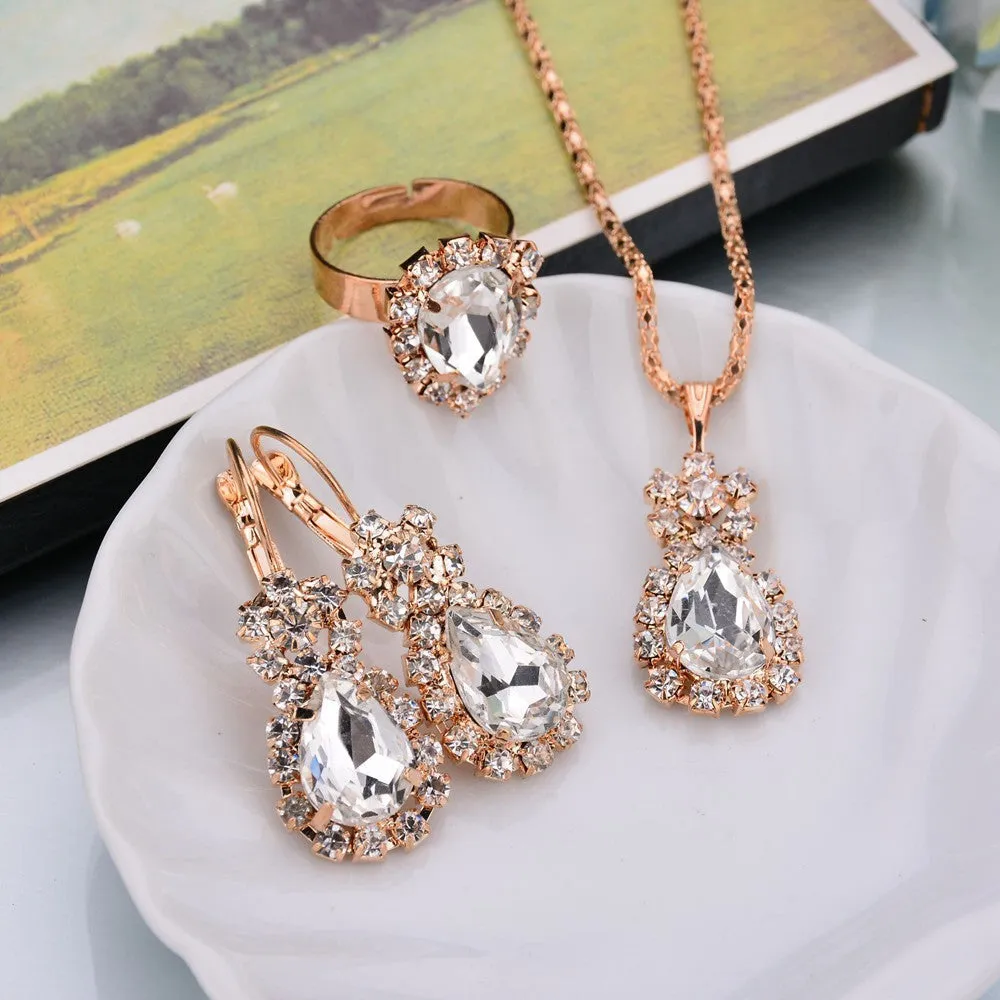 Water drop colour diamond jewellery set with alloy and artificial crystal necklace earrings rings for bridal wear