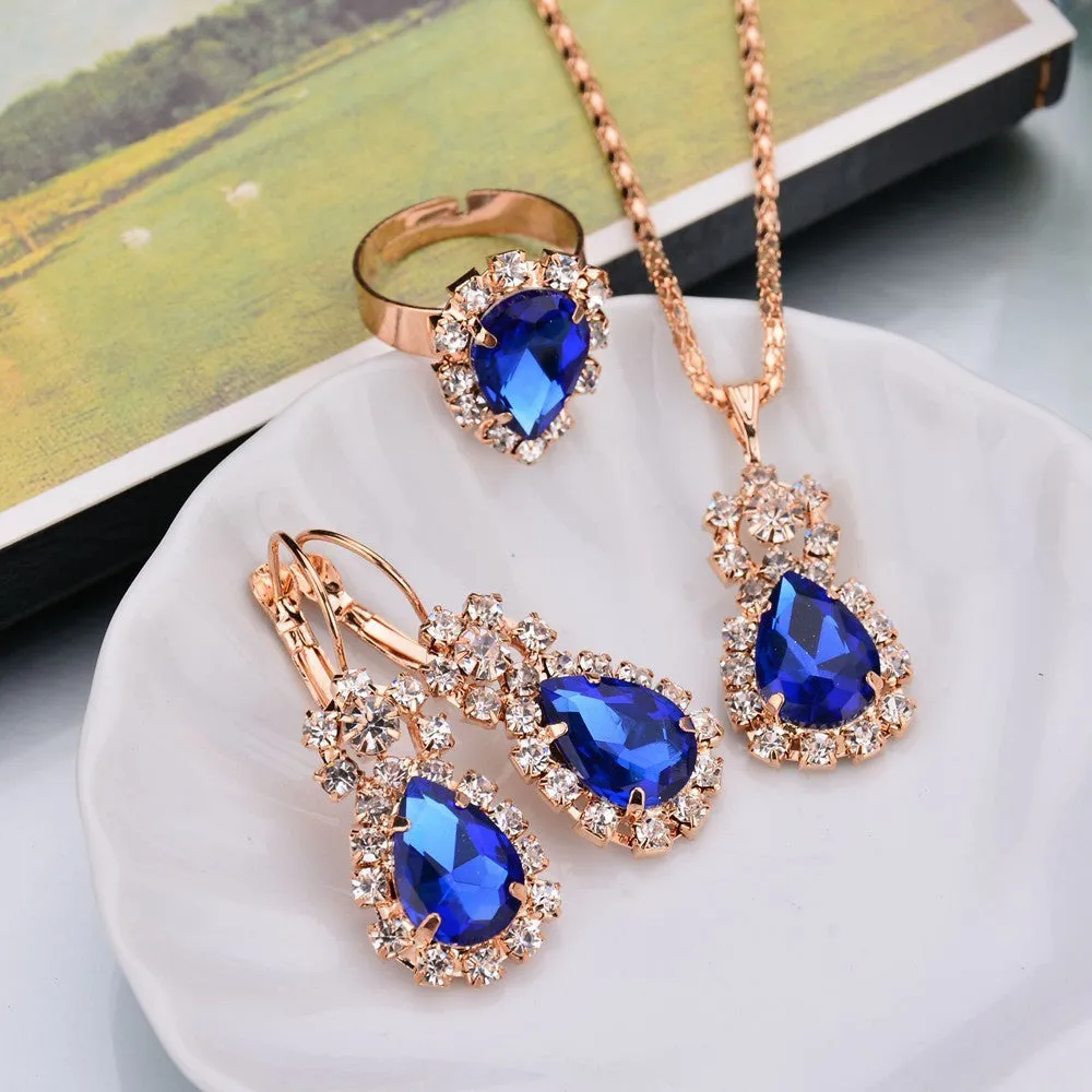 Water drop colour diamond jewellery set with alloy and artificial crystal necklace earrings rings for bridal wear