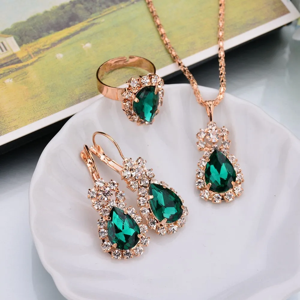 Water drop colour diamond jewellery set with alloy and artificial crystal necklace earrings rings for bridal wear