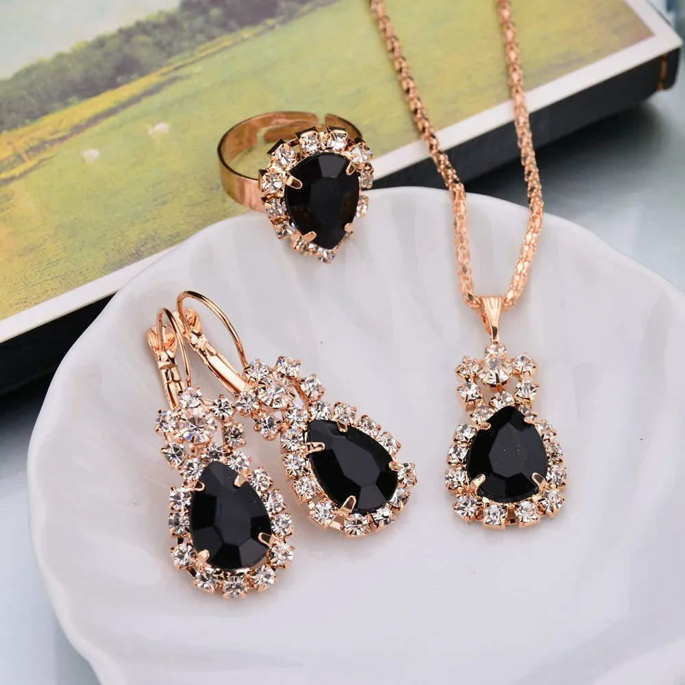 Water drop colour diamond jewellery set with alloy and artificial crystal necklace earrings rings for bridal wear