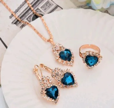 Water drop colour diamond jewellery set with alloy and artificial crystal necklace earrings rings for bridal wear