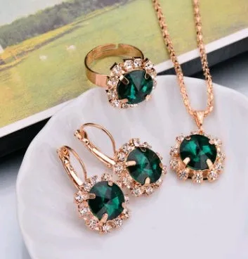 Water drop colour diamond jewellery set with alloy and artificial crystal necklace earrings rings for bridal wear