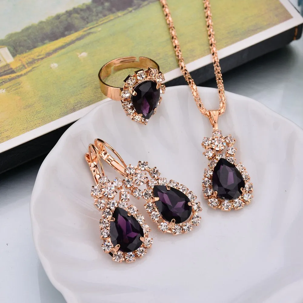 Water drop colour diamond jewellery set with alloy and artificial crystal necklace earrings rings for bridal wear