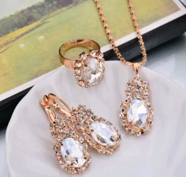 Water drop colour diamond jewellery set with alloy and artificial crystal necklace earrings rings for bridal wear