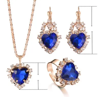 Water drop colour diamond jewellery set with alloy and artificial crystal necklace earrings rings for bridal wear