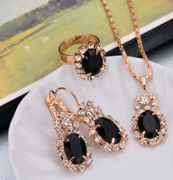 Water drop colour diamond jewellery set with alloy and artificial crystal necklace earrings rings for bridal wear