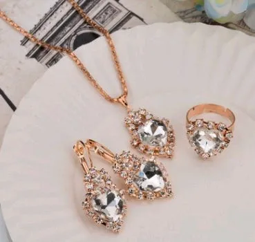 Water drop colour diamond jewellery set with alloy and artificial crystal necklace earrings rings for bridal wear