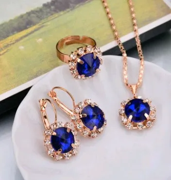 Water drop colour diamond jewellery set with alloy and artificial crystal necklace earrings rings for bridal wear