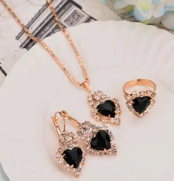 Water drop colour diamond jewellery set with alloy and artificial crystal necklace earrings rings for bridal wear