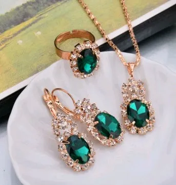 Water drop colour diamond jewellery set with alloy and artificial crystal necklace earrings rings for bridal wear