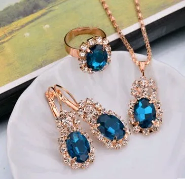 Water drop colour diamond jewellery set with alloy and artificial crystal necklace earrings rings for bridal wear