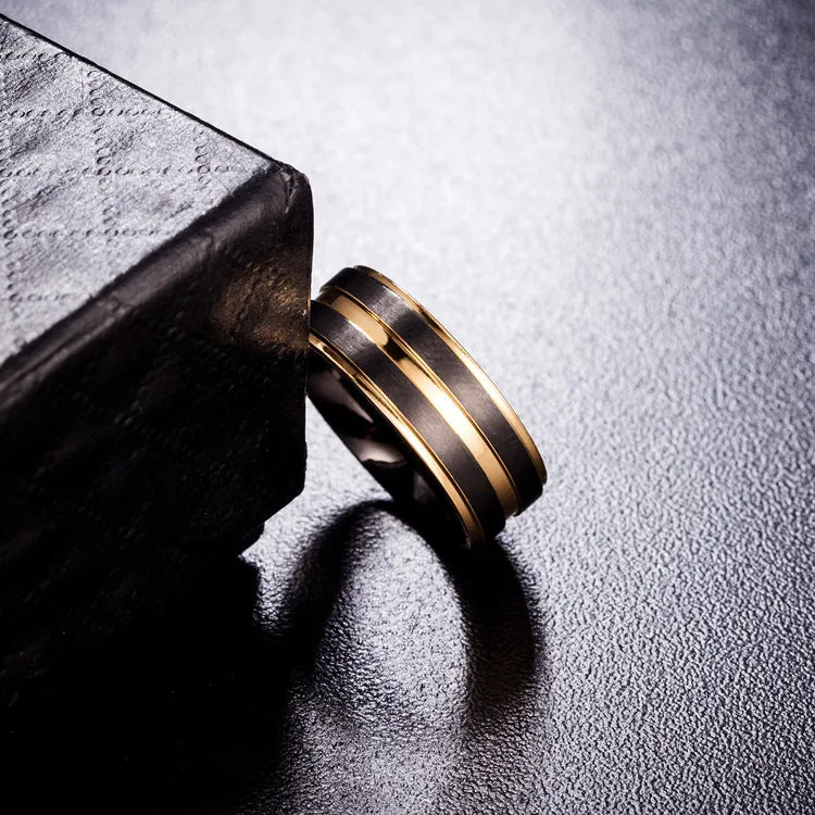 Titanium steel electroplated men's wedding band ring, silver grey finish, available in sizes 7 to 11, on white background.