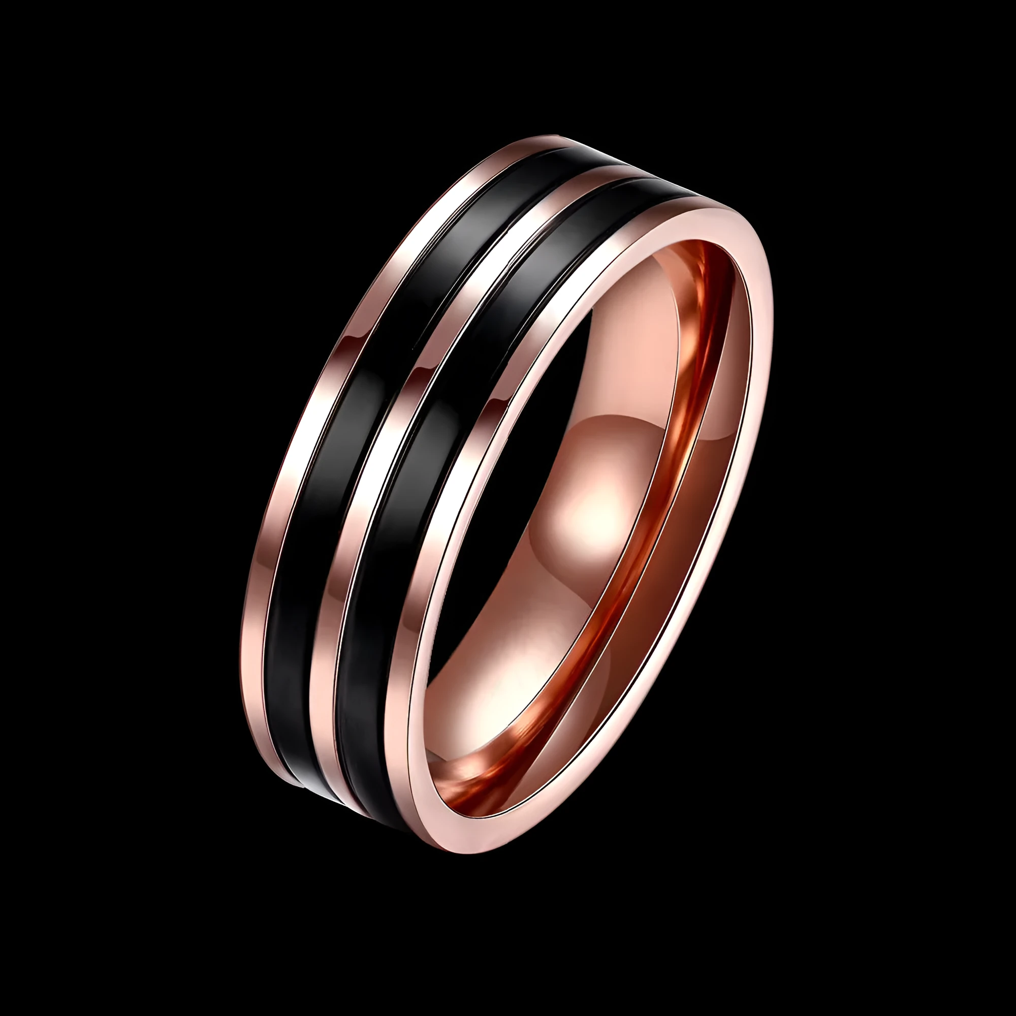 Titanium steel electroplated men's wedding band ring, silver grey finish, available in sizes 7 to 11, on white background.