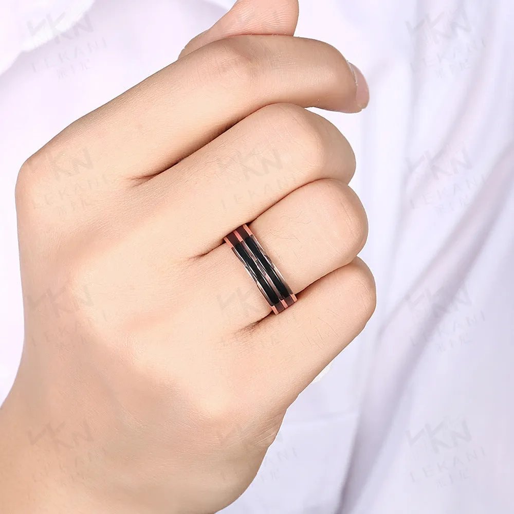 Titanium steel electroplated men's wedding band ring, silver grey finish, available in sizes 7 to 11, on white background.