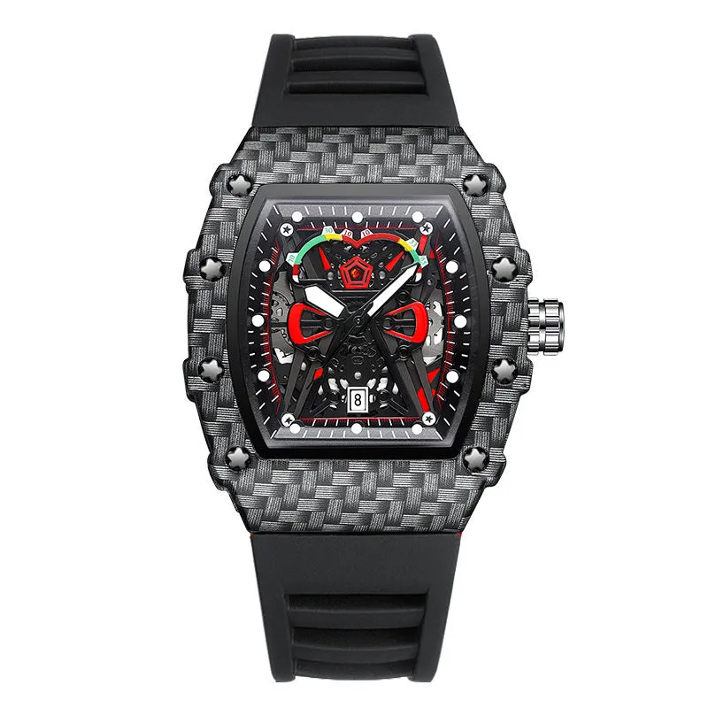 Trendy waterproof luminous men's quartz watch with black alloy case and stainless steel back, displayed on a white background