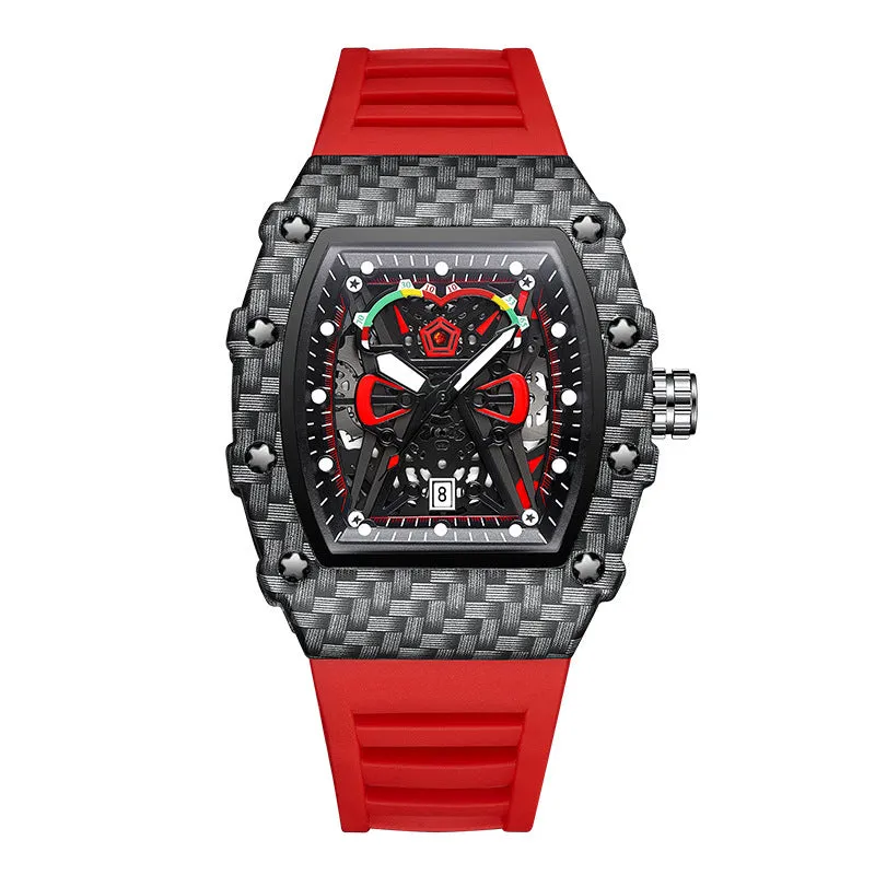 Trendy waterproof luminous men's quartz watch with black alloy case and stainless steel back, displayed on a white background