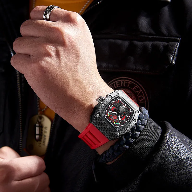 Trendy waterproof luminous men's quartz watch with black alloy case and stainless steel back, displayed on a white background