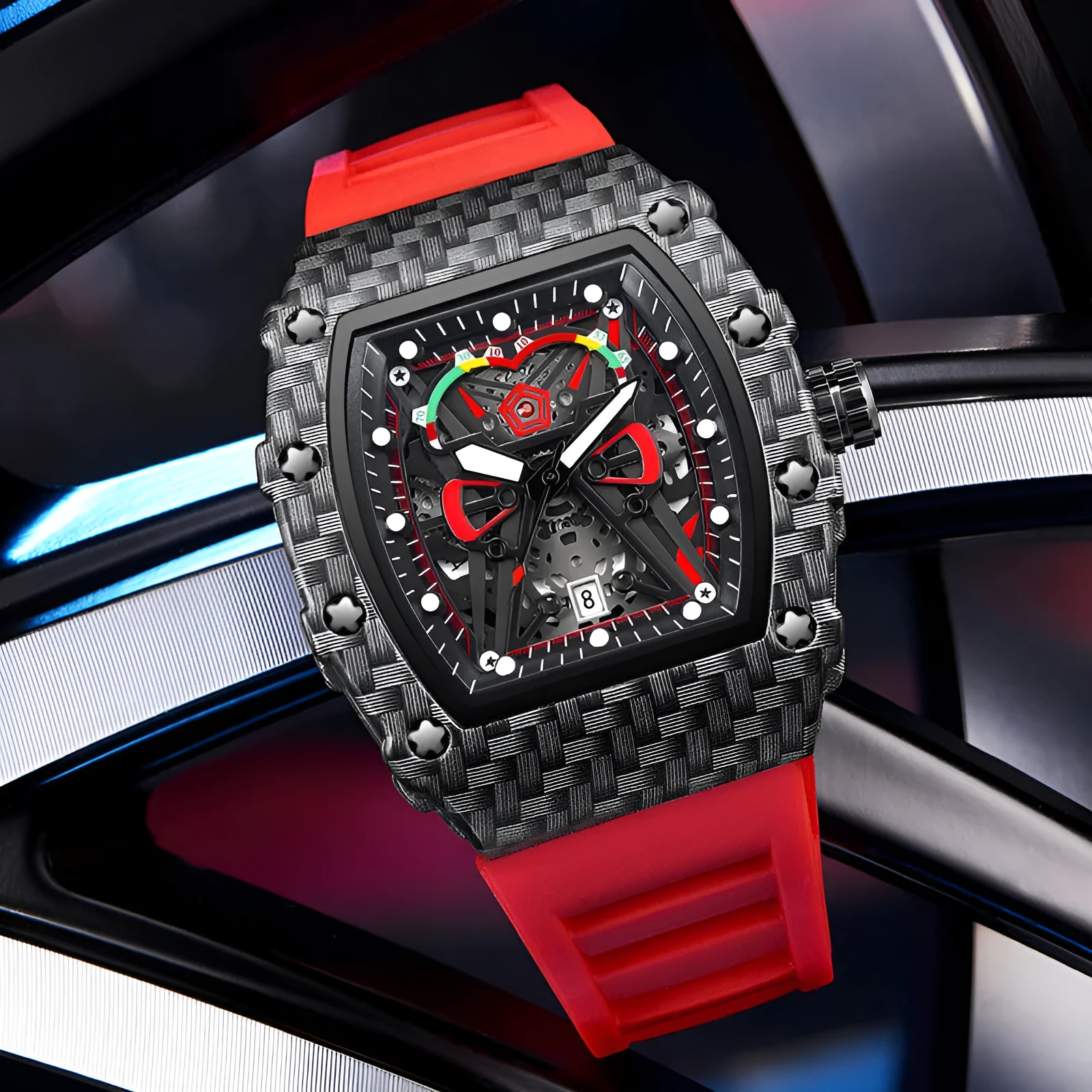 Trendy waterproof luminous men's quartz watch with black alloy case and stainless steel back, displayed on a white background