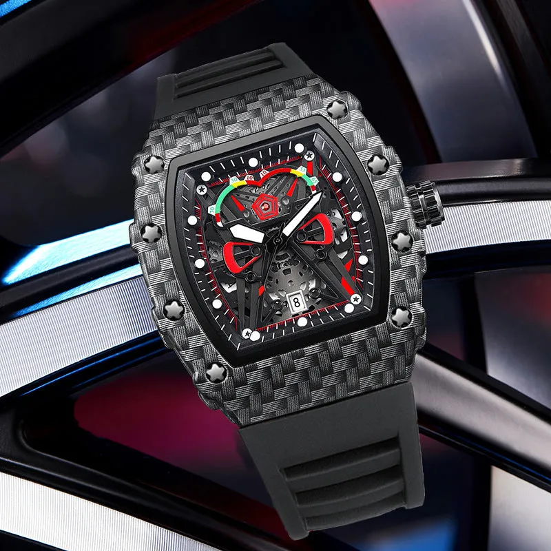 Trendy waterproof luminous men's quartz watch with black alloy case and stainless steel back, displayed on a white background