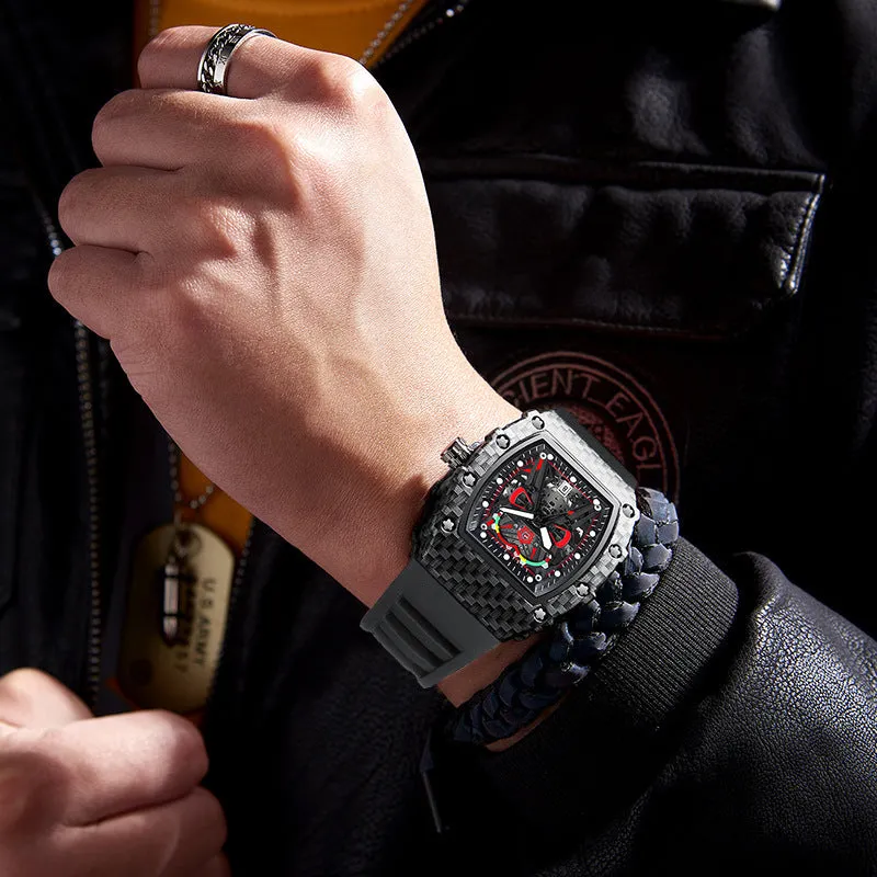 Trendy waterproof luminous men's quartz watch with black alloy case and stainless steel back, displayed on a white background