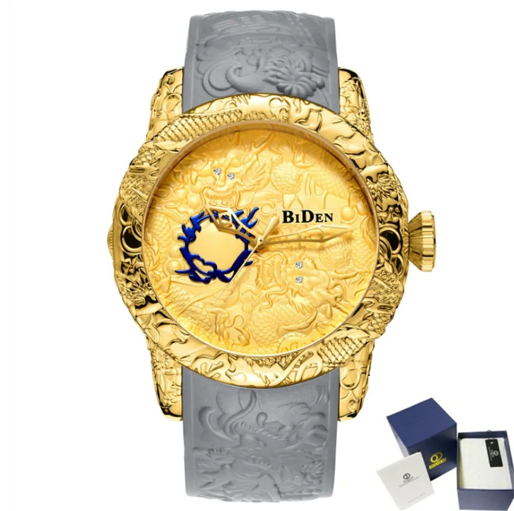 Men's black quartz watch with 3D engraved dragon on dial, 50mm alloy case, and tape strap