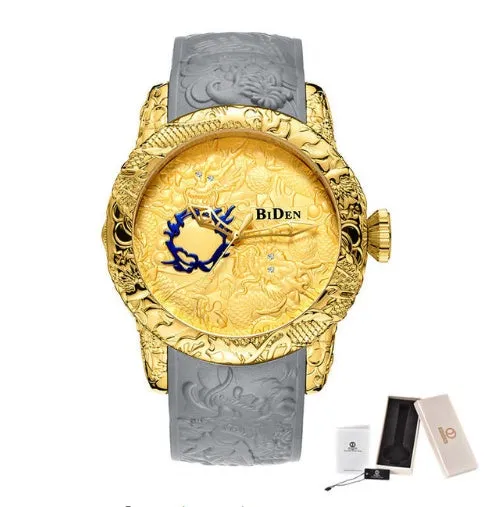Men's black quartz watch with 3D engraved dragon on dial, 50mm alloy case, and tape strap