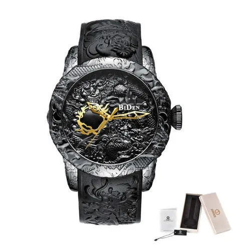 Men's black quartz watch with 3D engraved dragon on dial, 50mm alloy case, and tape strap