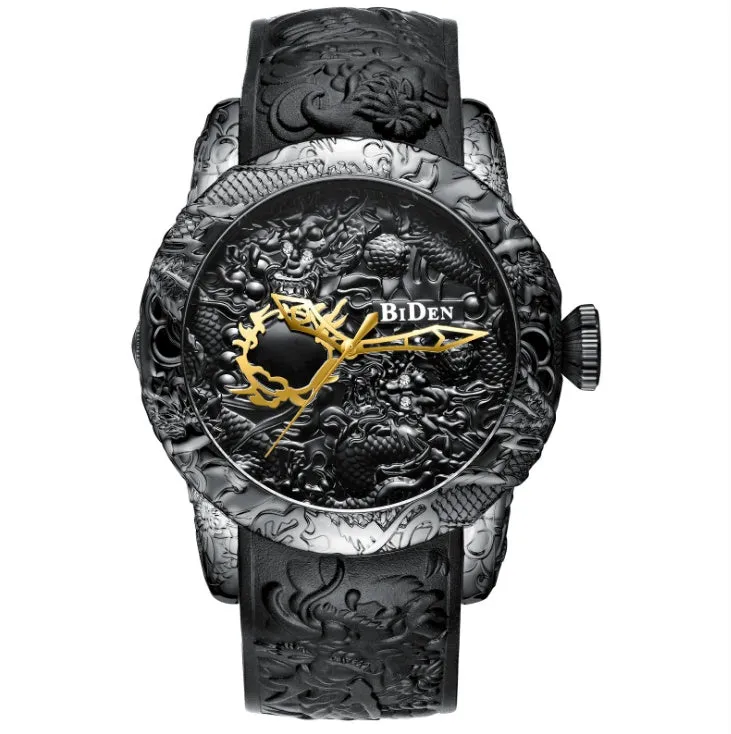 Men's black quartz watch with 3D engraved dragon on dial, 50mm alloy case, and tape strap