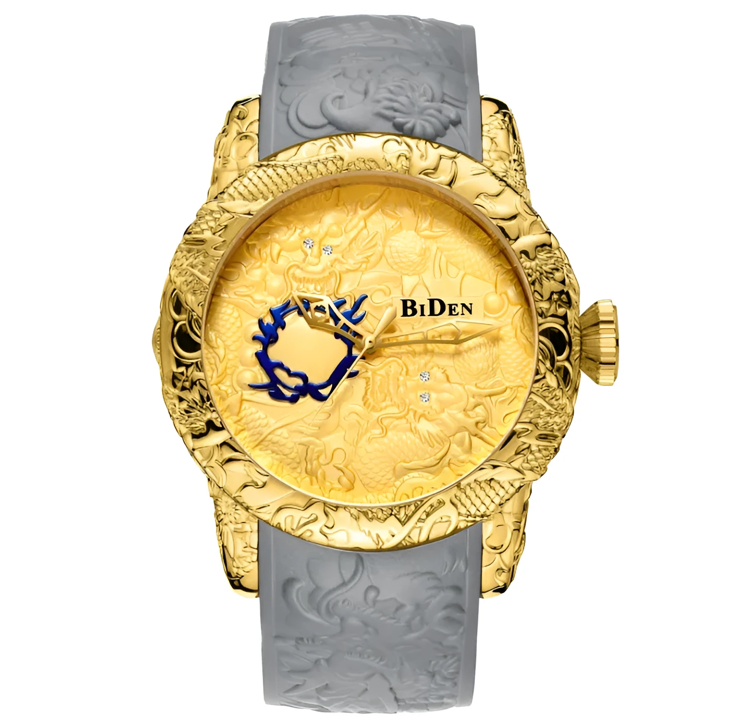 Men's black quartz watch with 3D engraved dragon on dial, 50mm alloy case, and tape strap