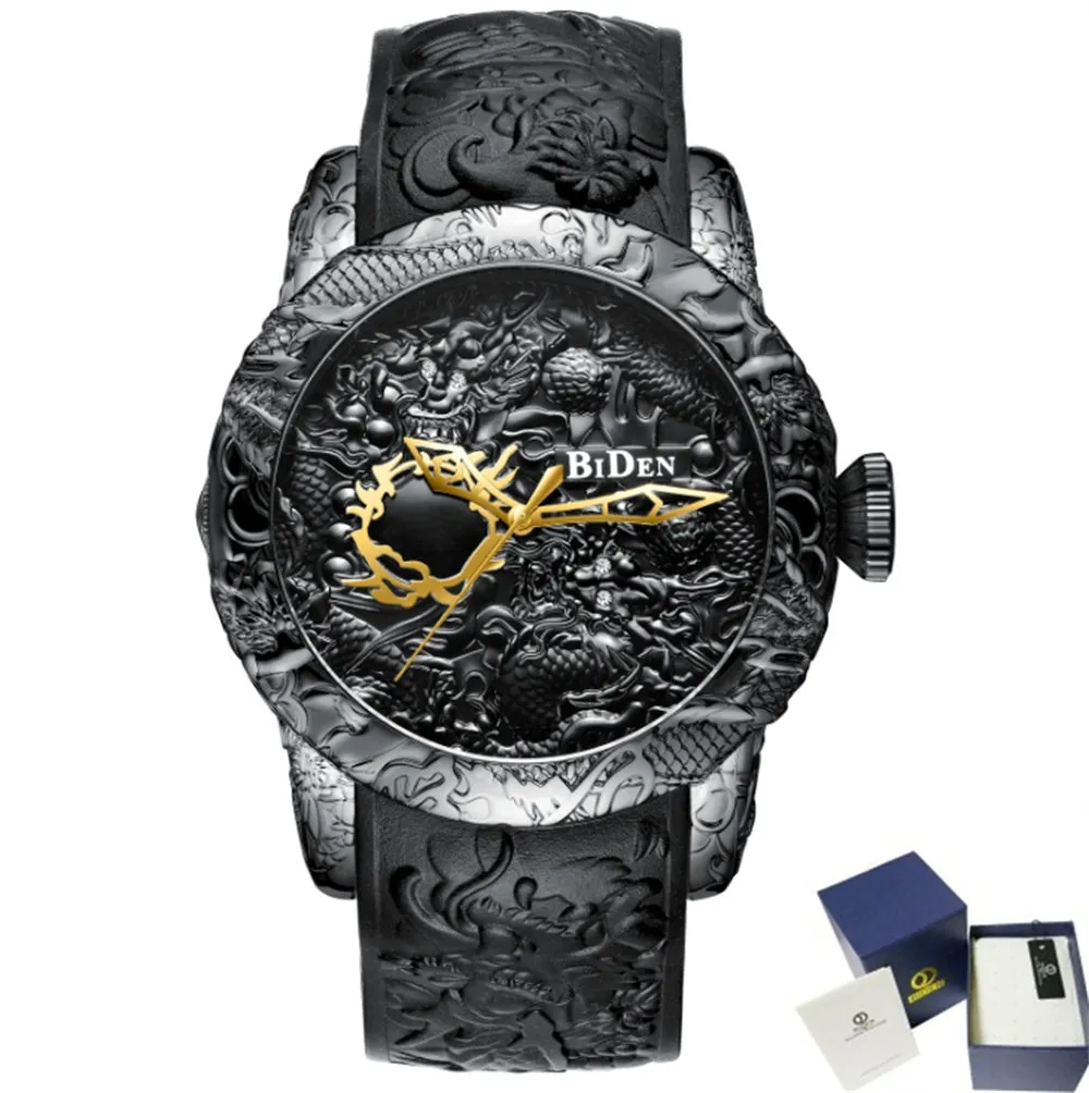 Men's black quartz watch with 3D engraved dragon on dial, 50mm alloy case, and tape strap