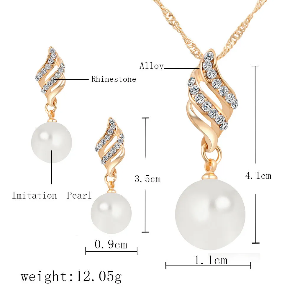 Pearl stud necklace set with mother-of-pearl pendant on water wave chain in gold finish