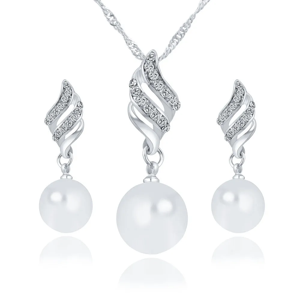 Pearl stud necklace set with mother-of-pearl pendant on water wave chain in gold finish