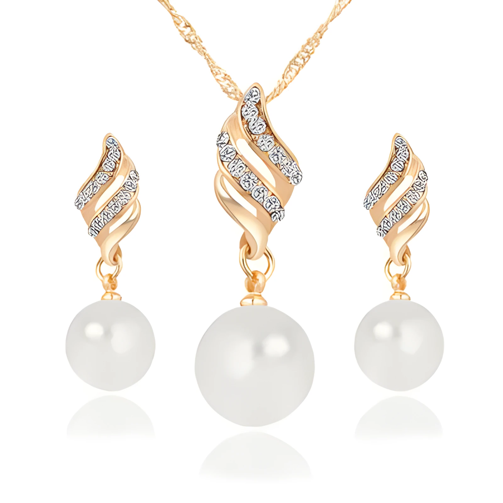 Pearl stud necklace set with mother-of-pearl pendant on water wave chain in gold finish