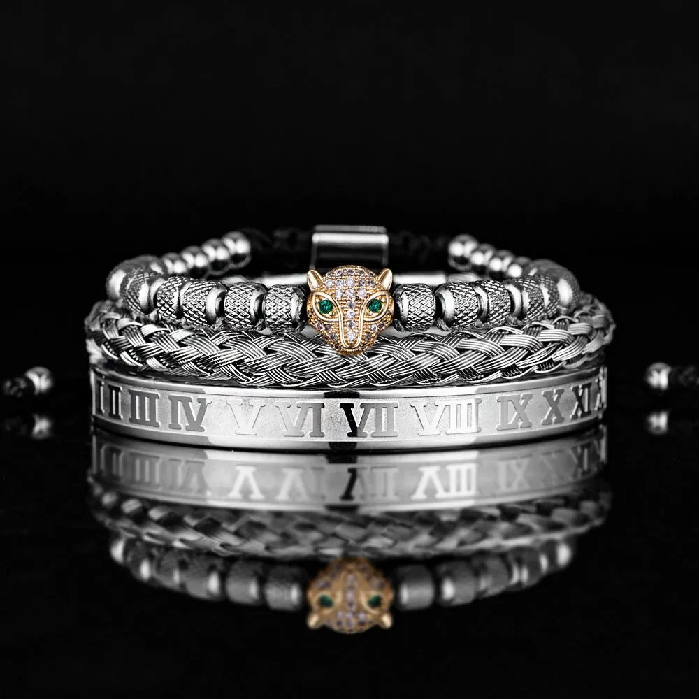Titanium steel leopard head mesh bracelet with pineapple pearl Roman detailing, unisex simple style, black diamond colour