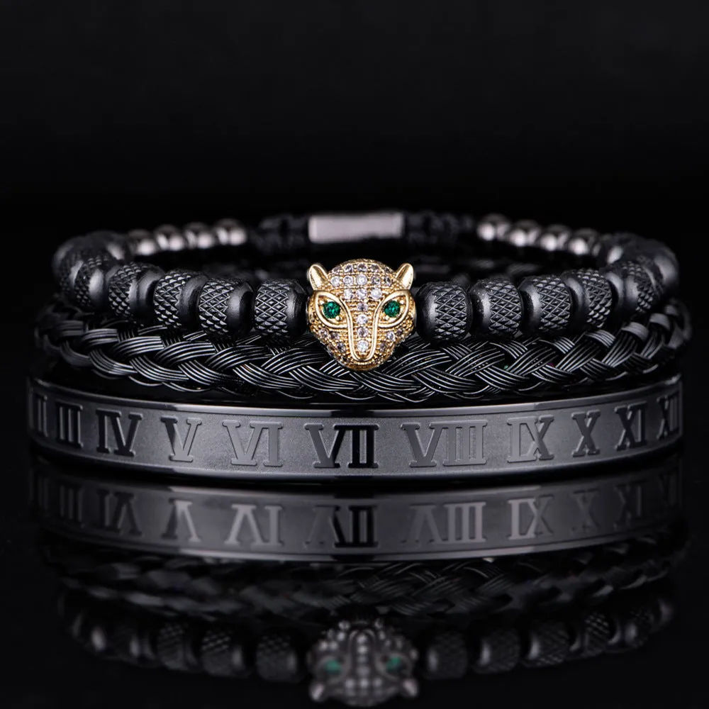 Titanium steel leopard head mesh bracelet with pineapple pearl Roman detailing, unisex simple style, black diamond colour