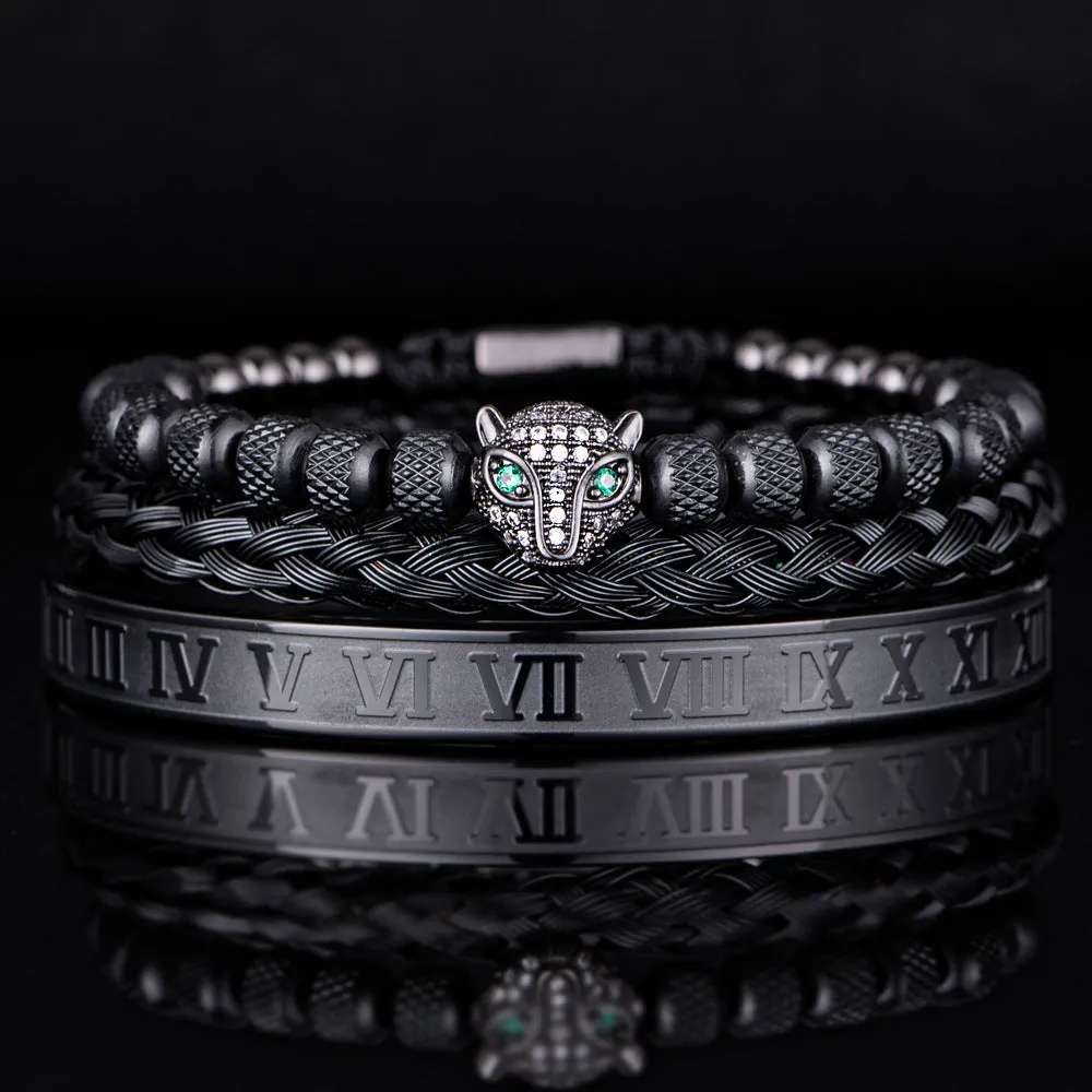 Titanium steel leopard head mesh bracelet with pineapple pearl Roman detailing, unisex simple style, black diamond colour