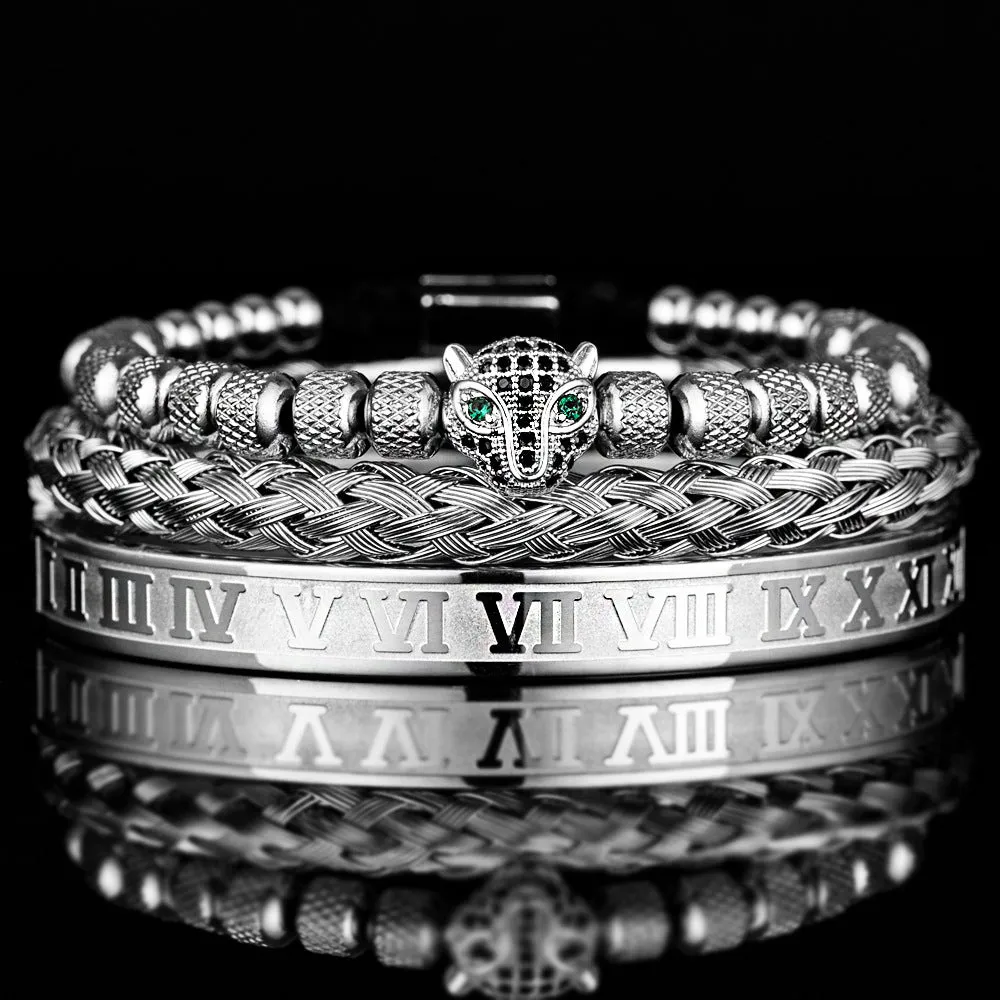 Titanium steel leopard head mesh bracelet with pineapple pearl Roman detailing, unisex simple style, black diamond colour