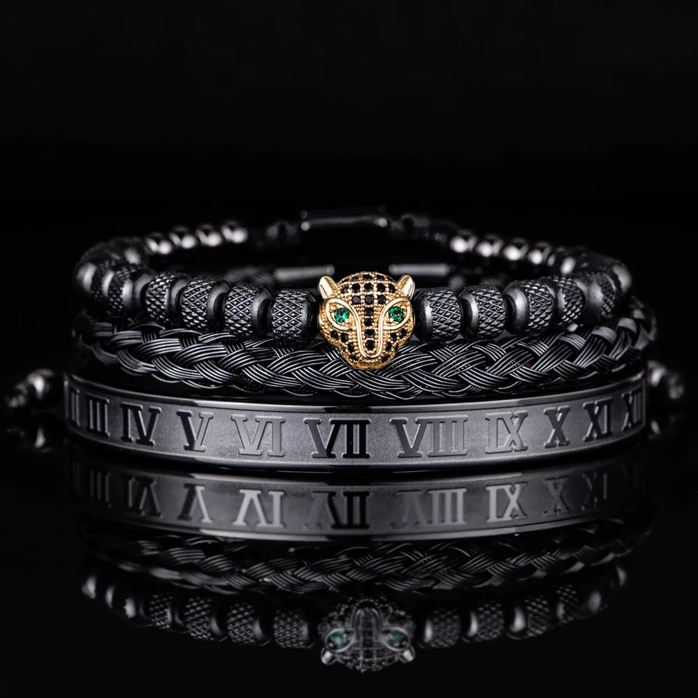 Titanium steel leopard head mesh bracelet with pineapple pearl Roman detailing, unisex simple style, black diamond colour