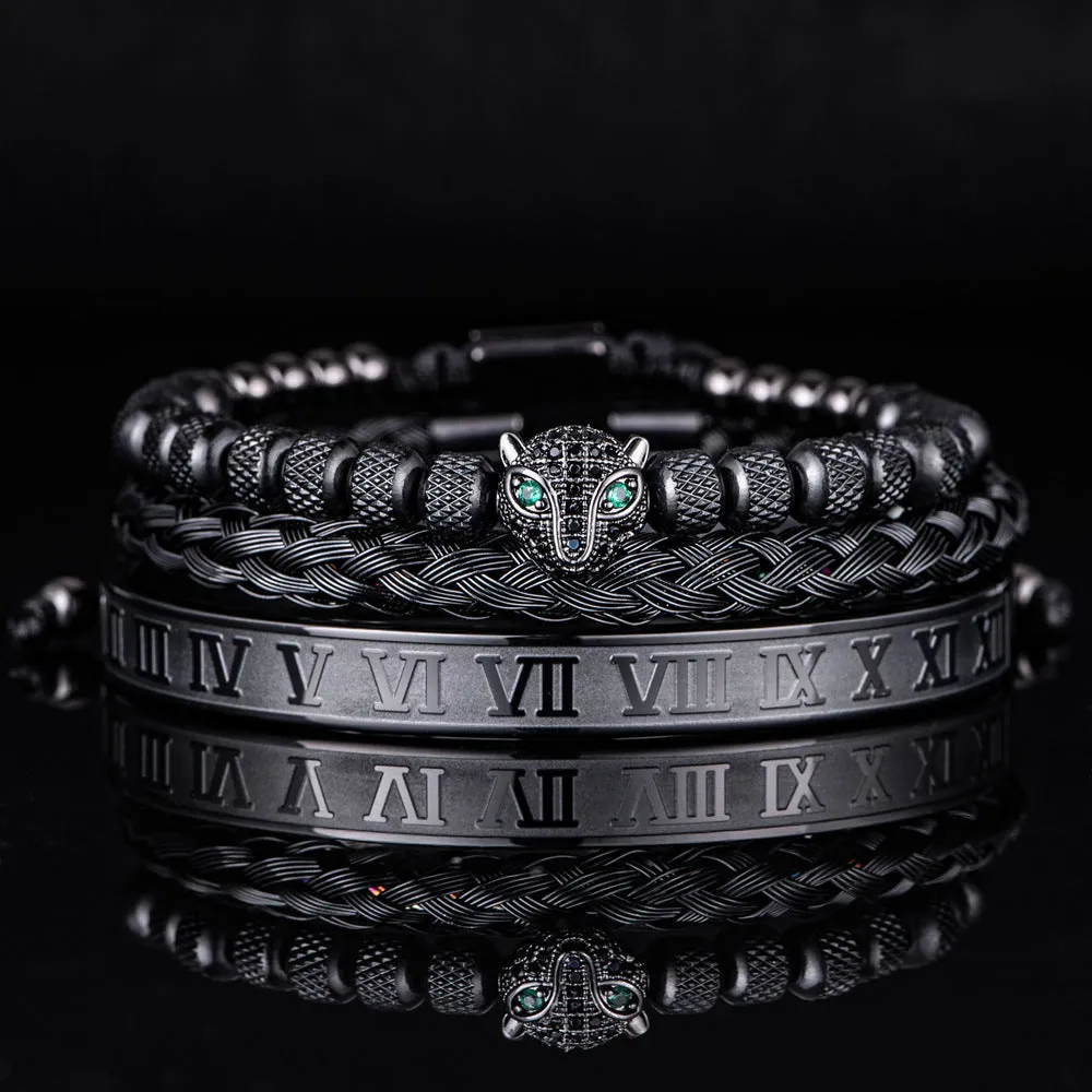 Titanium steel leopard head mesh bracelet with pineapple pearl Roman detailing, unisex simple style, black diamond colour