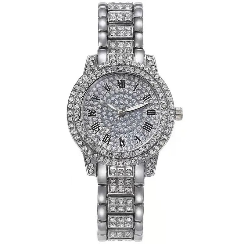 Diamond-encrusted casual women's quartz watch with gold alloy strap and 30mm dial, screw crown