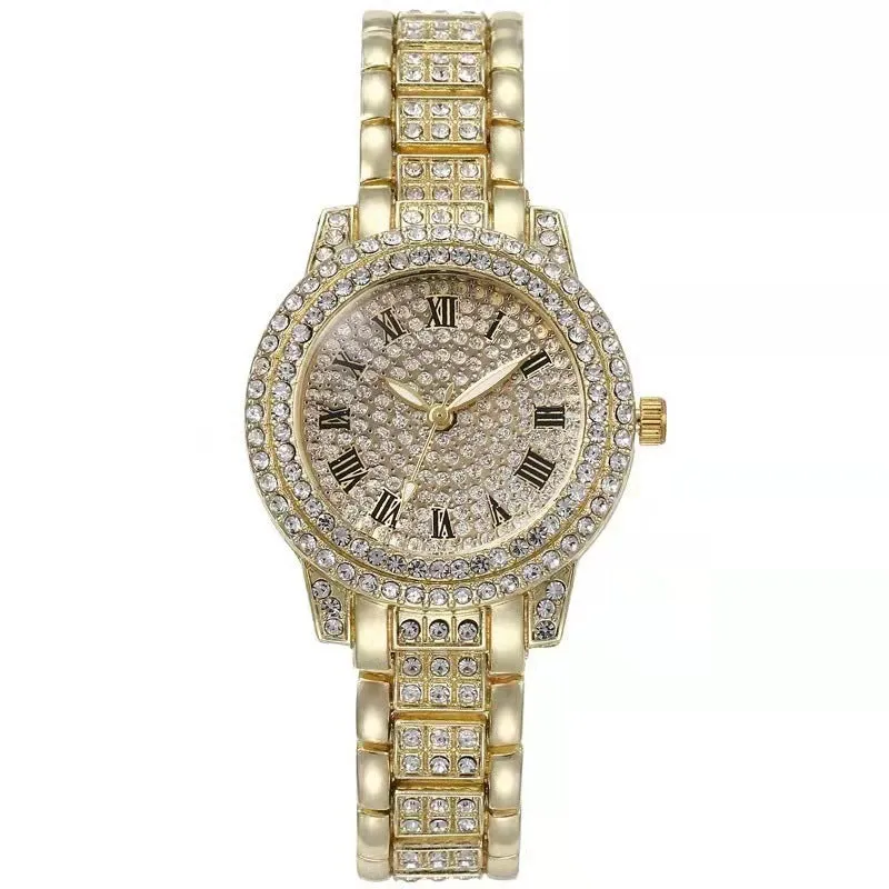 Diamond-encrusted casual women's quartz watch with gold alloy strap and 30mm dial, screw crown