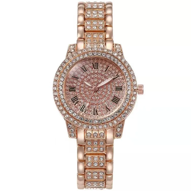 Diamond-encrusted casual women's quartz watch with gold alloy strap and 30mm dial, screw crown