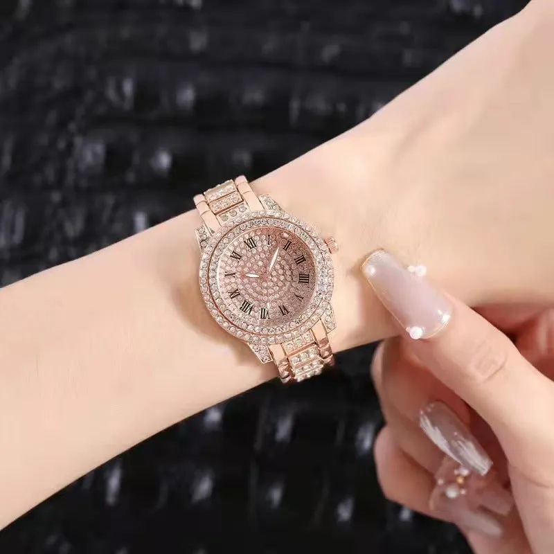 Diamond-encrusted casual women's quartz watch with gold alloy strap and 30mm dial, screw crown