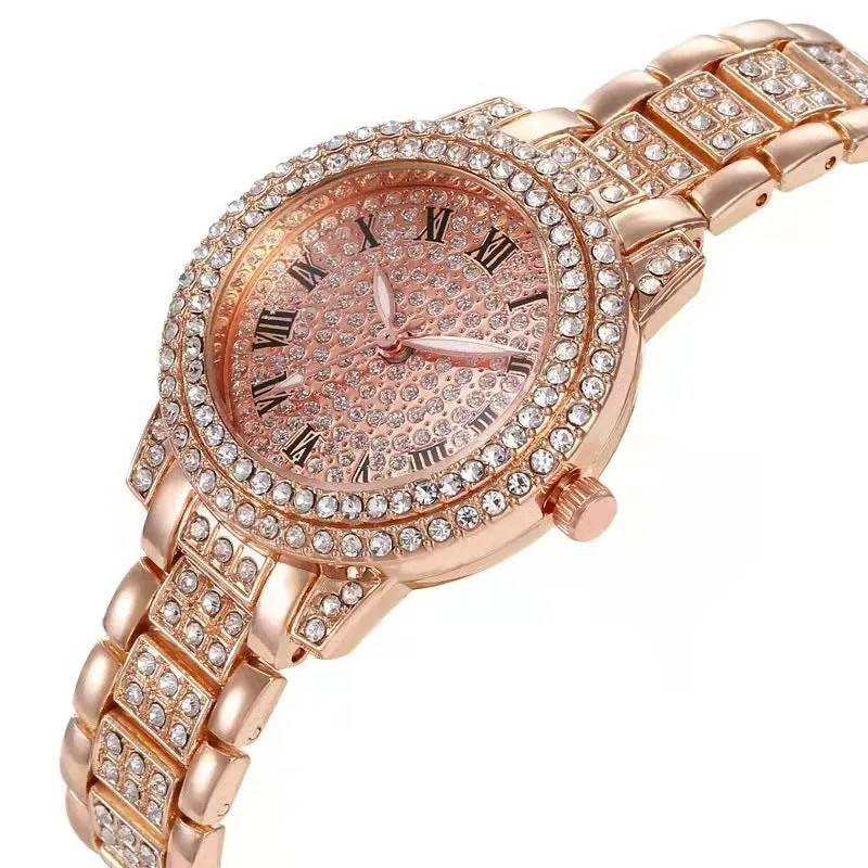 Diamond-encrusted casual women's quartz watch with gold alloy strap and 30mm dial, screw crown